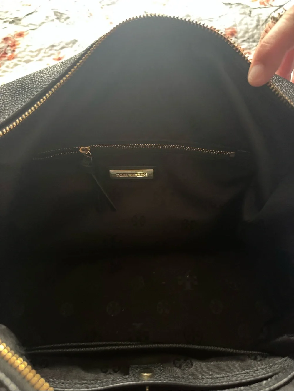 Tory Burch Black Leather Satchel With Gold Logo Hardware